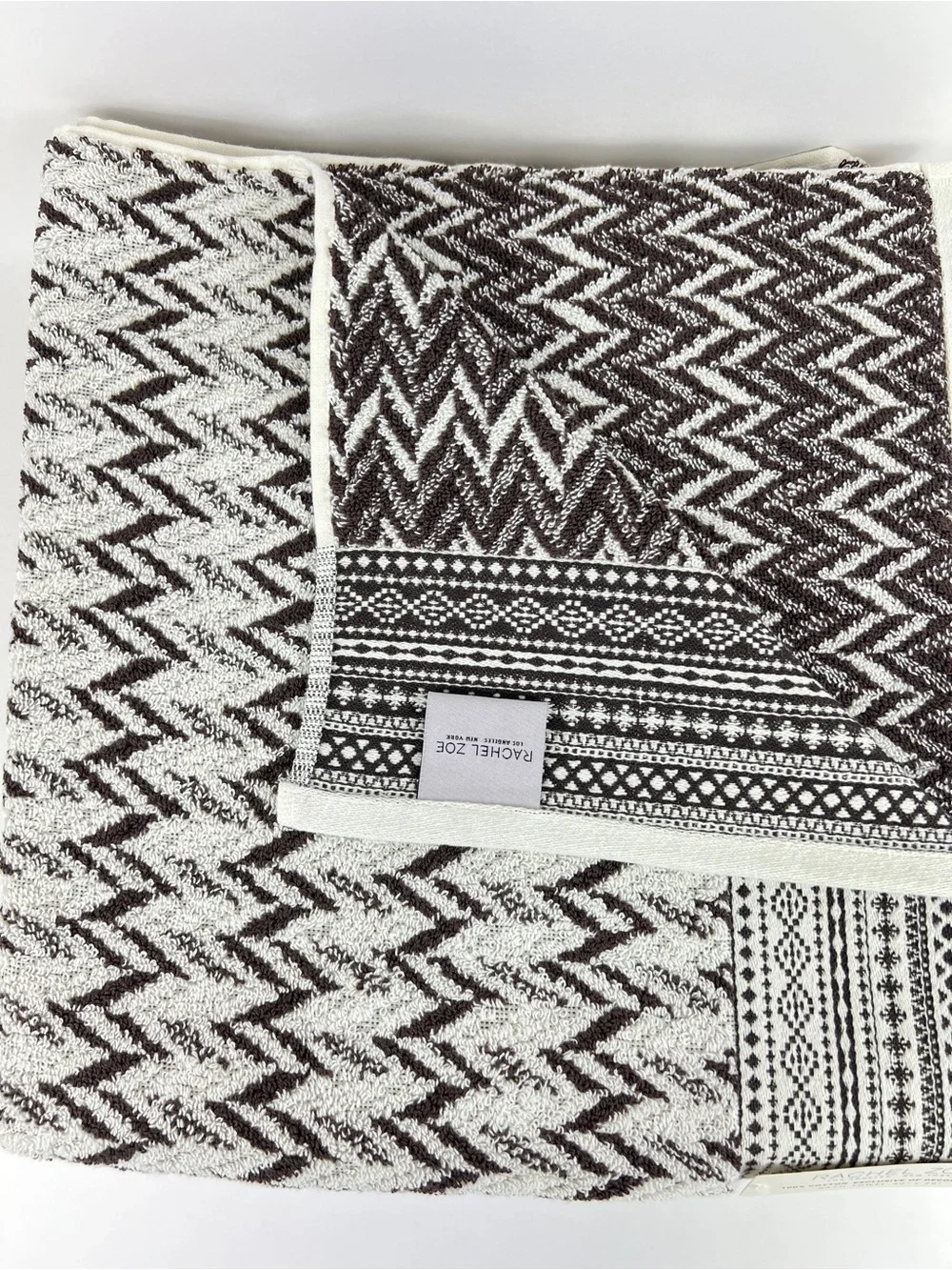 Rachel Zoe Bath Towel Set Brown Cream Zigzag Chevron Soft 100% Cotton 8 Pc NEW